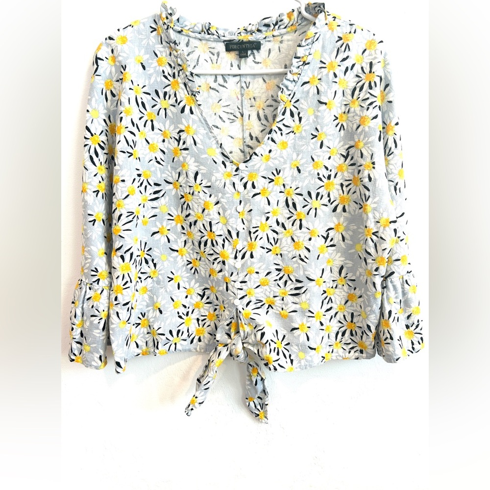 For Cynthia Light Blue Daisy Tie-Front Long Sleeve Side Zipper Top